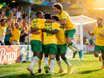 巴西国家足球队球员庆祝进球瞬间